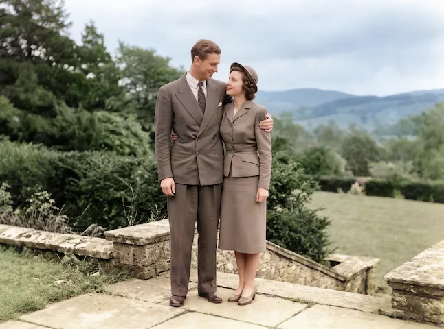 A restored landscape family photo: faces back in focus, color brought back, scratches gone.