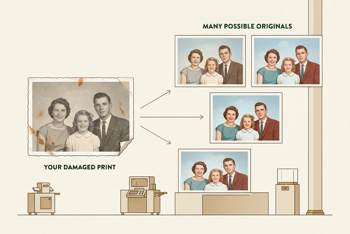 One damaged family print with arrows fanning out to several restored versions that differ subtly in tone