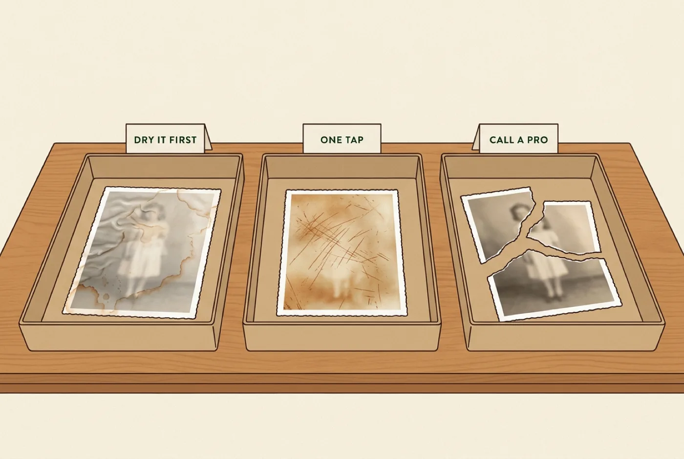 Three desk trays holding a water-rippled print, a faded scratched print, and a torn print, with labels reading dry it first, one tap, and call a pro