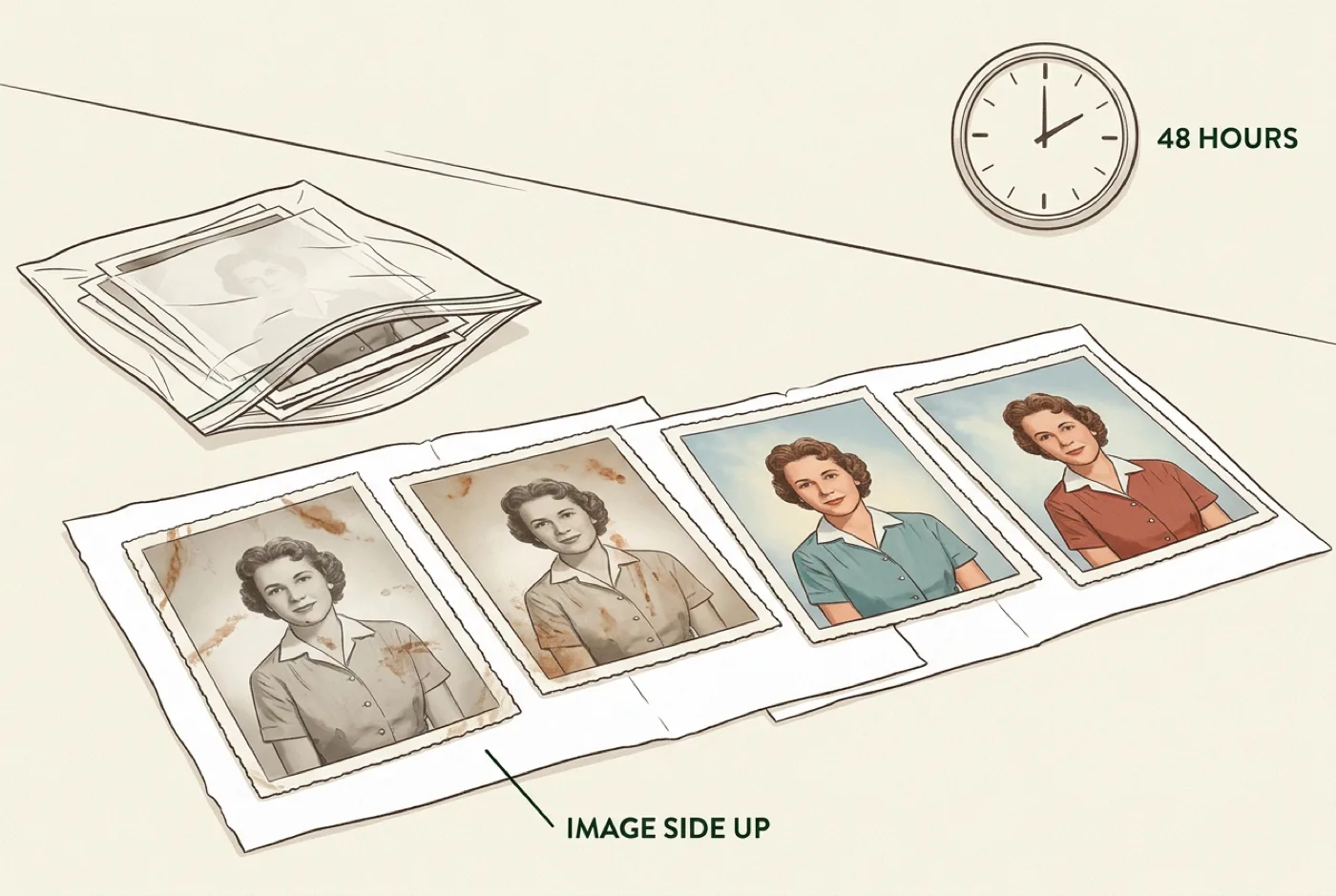 Vintage prints drying image side up in a single layer beside a freezer bag of photos interleaved with wax paper, a wall clock above