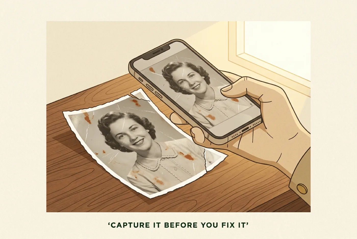A hand holding a phone flat over a curled vintage print beside a window, capturing it as it lies