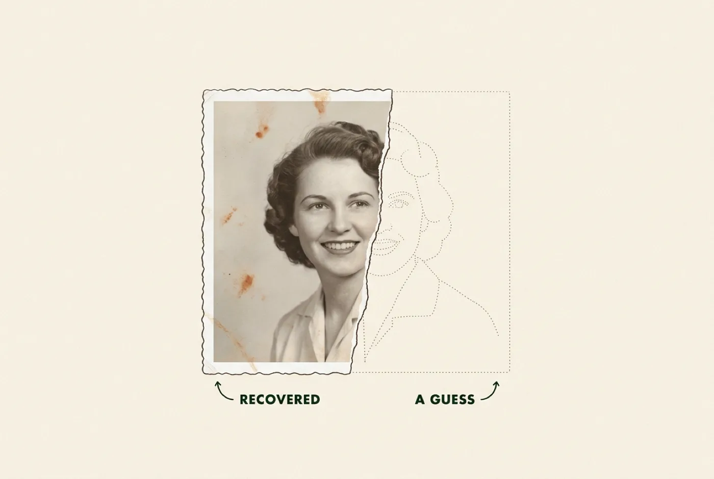A vintage portrait with its right third torn away, the missing area sketched as dotted guesswork, labeled recovered and a guess