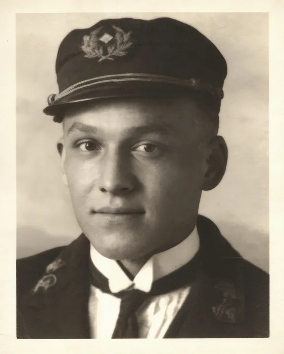 The same portrait restored: clean monochrome, sharp face, tonal depth back